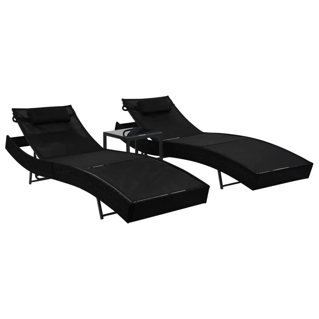 Sun Loungers 2 pcs with Table Poly Rattan and Textilene Black 44893 - Up to 65% off Outdoor Furniture