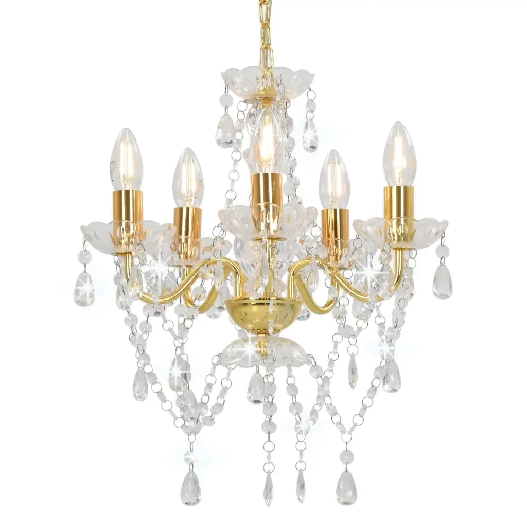 Chandelier with Crystal Beads Golden Round 5 x E14 281602 - Home & Garden