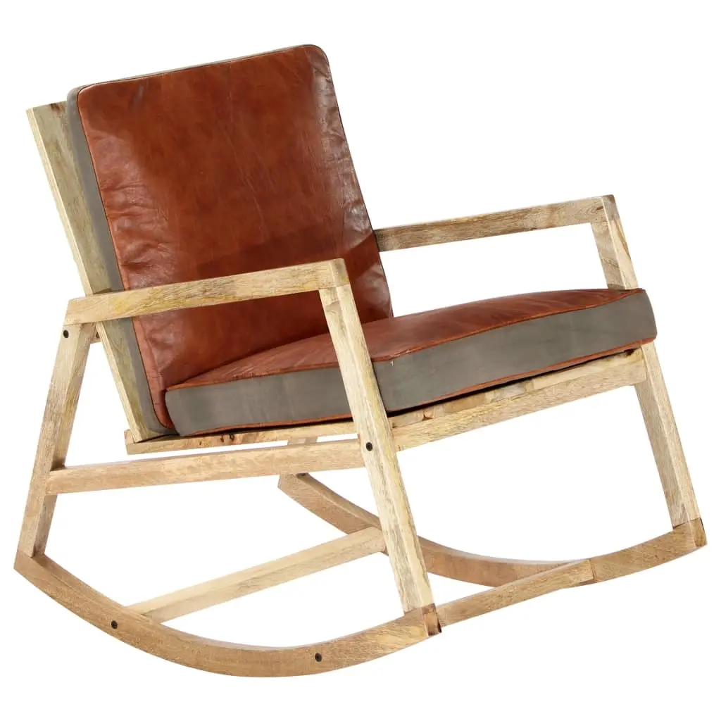 Rocking Chair Brown Real Leather and Solid Mango Wood 282906 - Furniture