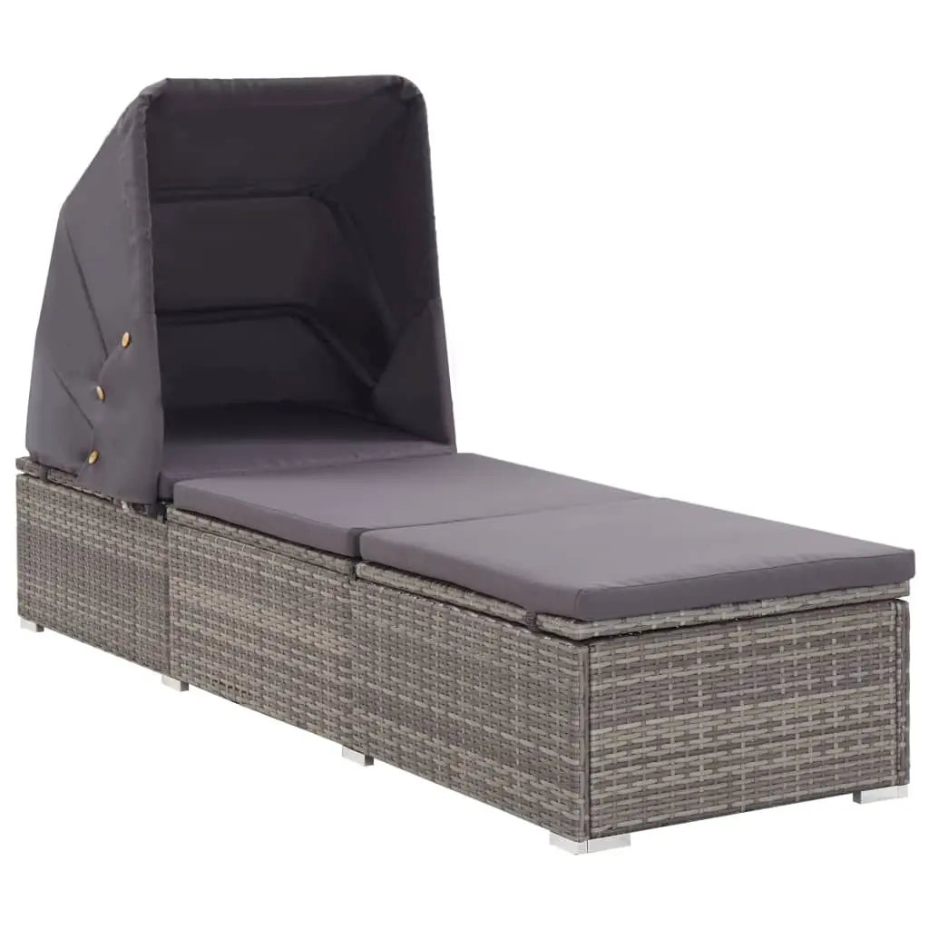 Sun Lounger with Canopy and Cushion Poly Rattan Grey 46248 - Furniture