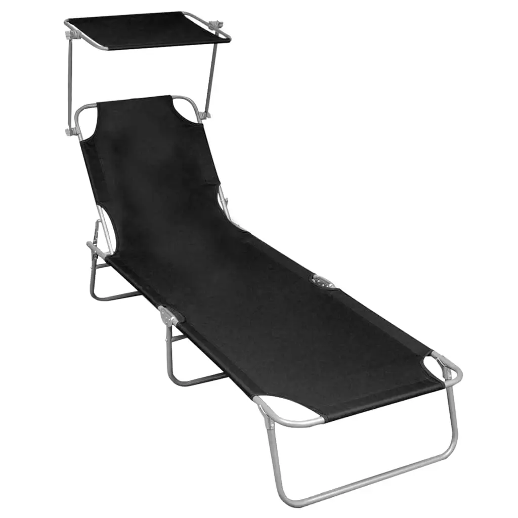 Folding Sun Lounger with Canopy Black Aluminium 47770 - Furniture