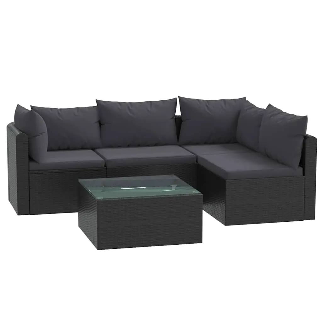5 Piece Garden Lounge Set with Cushions Poly Rattan Black 46554 - Furniture