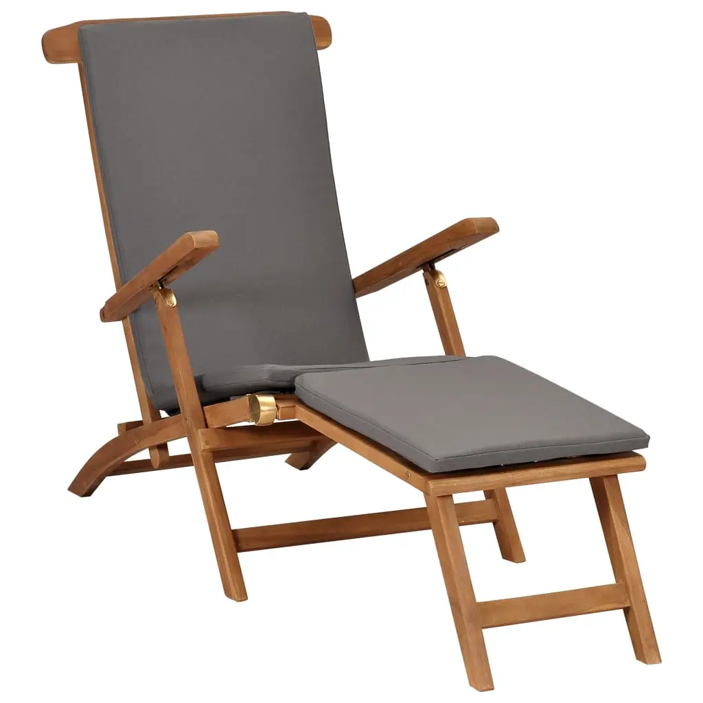 Deck Chair with Cushion Dark Grey Solid Teak Wood 47409 - Furniture