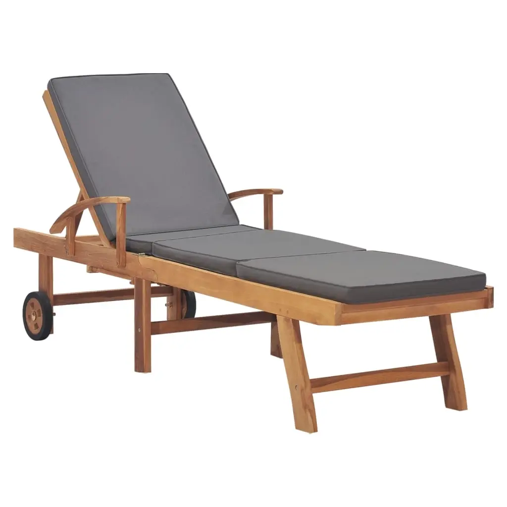 Sun Lounger with Cushion Solid Teak Wood Dark Grey 48023 - Furniture