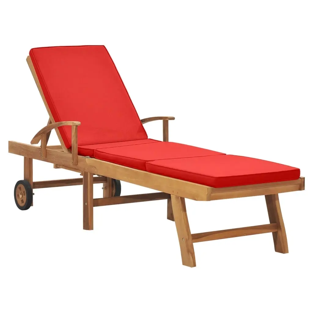 Sun Lounger with Cushion Solid Teak Wood Red 48026 - Furniture