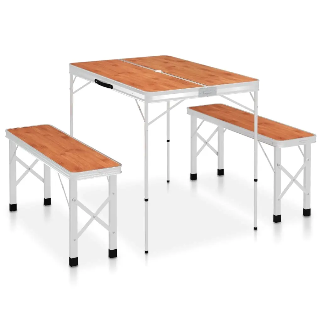 Folding Camping Table with 2 Benches Aluminium Brown 48182 - Sports & Outdoor