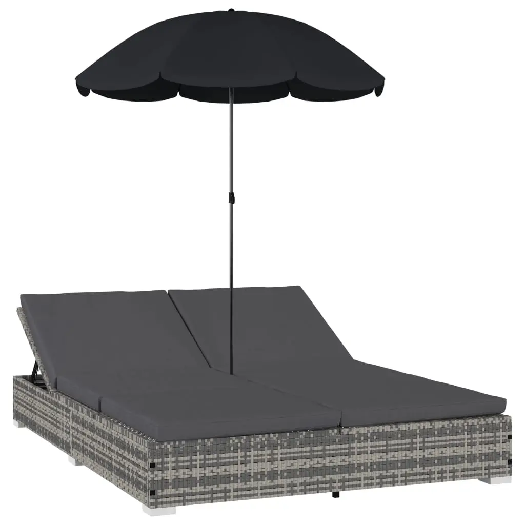Outdoor Lounge Bed with Umbrella Poly Rattan Grey 48125 - Furniture