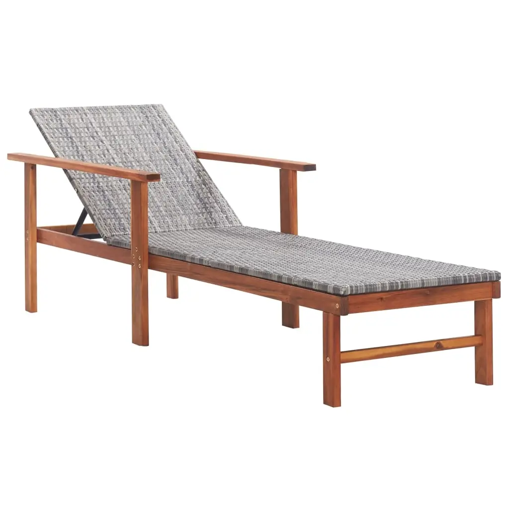 Sun Lounger Poly Rattan and Solid Acacia Wood Grey 48704 - Furniture