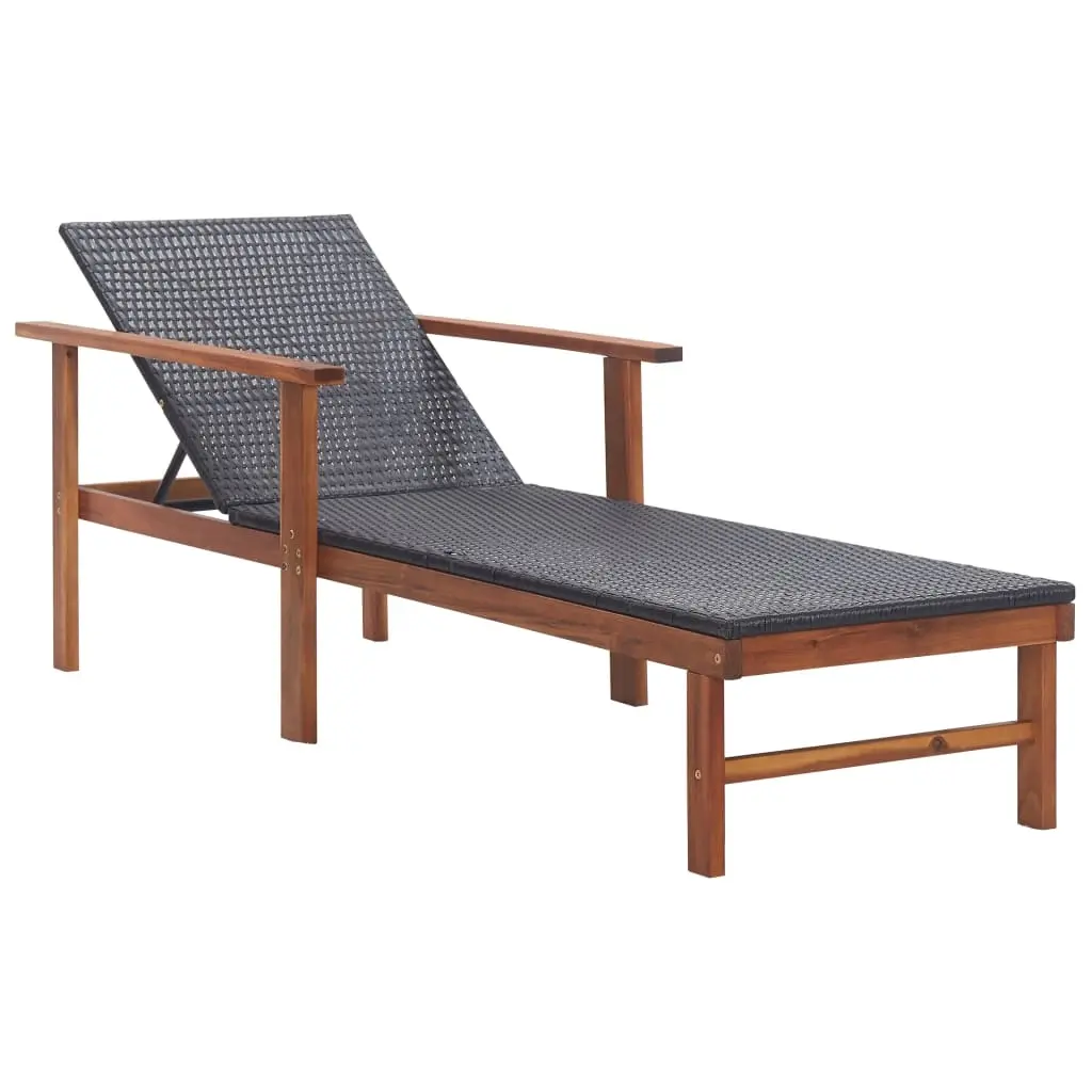 Sun Lounger Poly Rattan and Solid Acacia Wood Black 48706 - Furniture