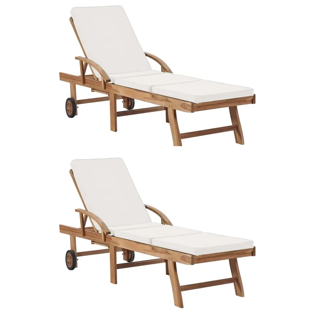 Sun Loungers with Cushions 2 pcs Solid Teak Wood Cream 3054633 - Up to 65% off Outdoor Furniture