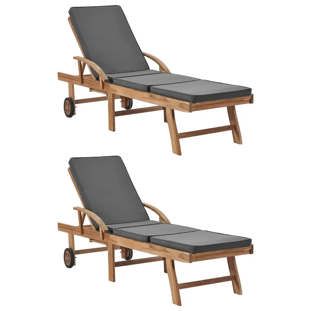 Sun Loungers with Cushions 2 pcs Solid Teak Wood Dark Grey 3054634 - Furniture