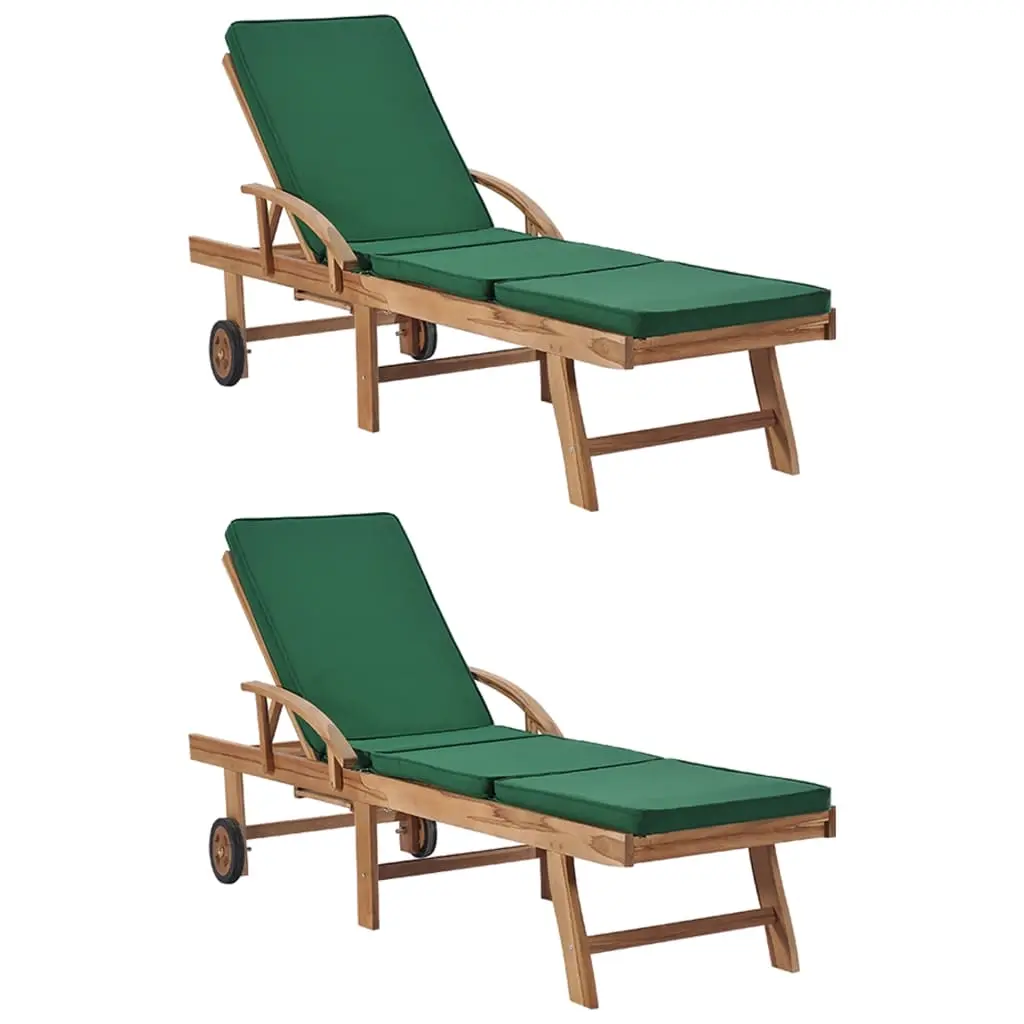 Sun Loungers with Cushions 2 pcs Solid Teak Wood Green 3054635 - Up to 65% off Outdoor Furniture