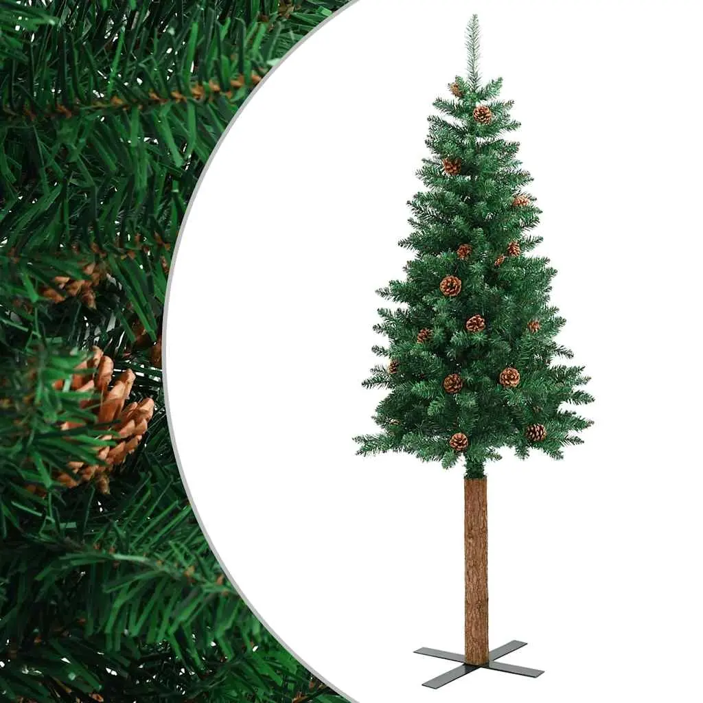 Slim Christmas Tree with Real Wood and Cones Green 210 cm PVC 320959 - Home & Garden