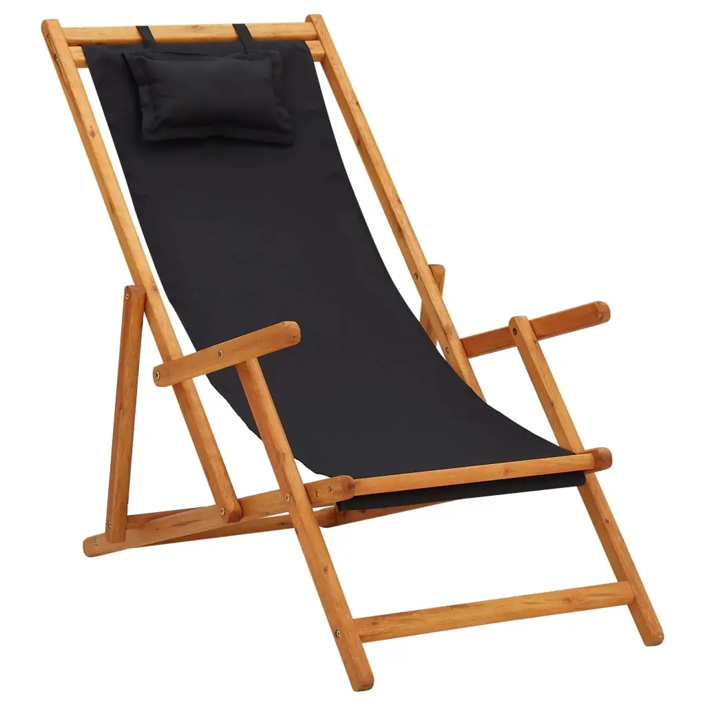 Folding Beach Chair Solid Eucalyptus Wood and Fabric Black 310313 - Furniture