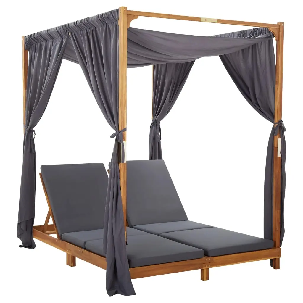 Double Sun Lounger with Curtains & Cushions Solid Acacia Wood 310319 - Furniture