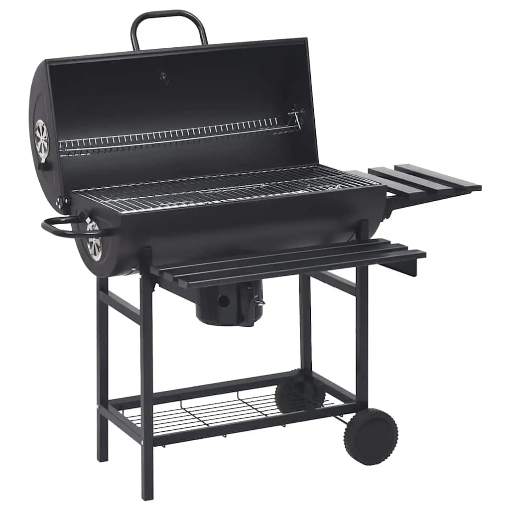 Barrel Grill with Wheels and Shelves Black Steel 115x85x95 cm 313636 - Home & Garden