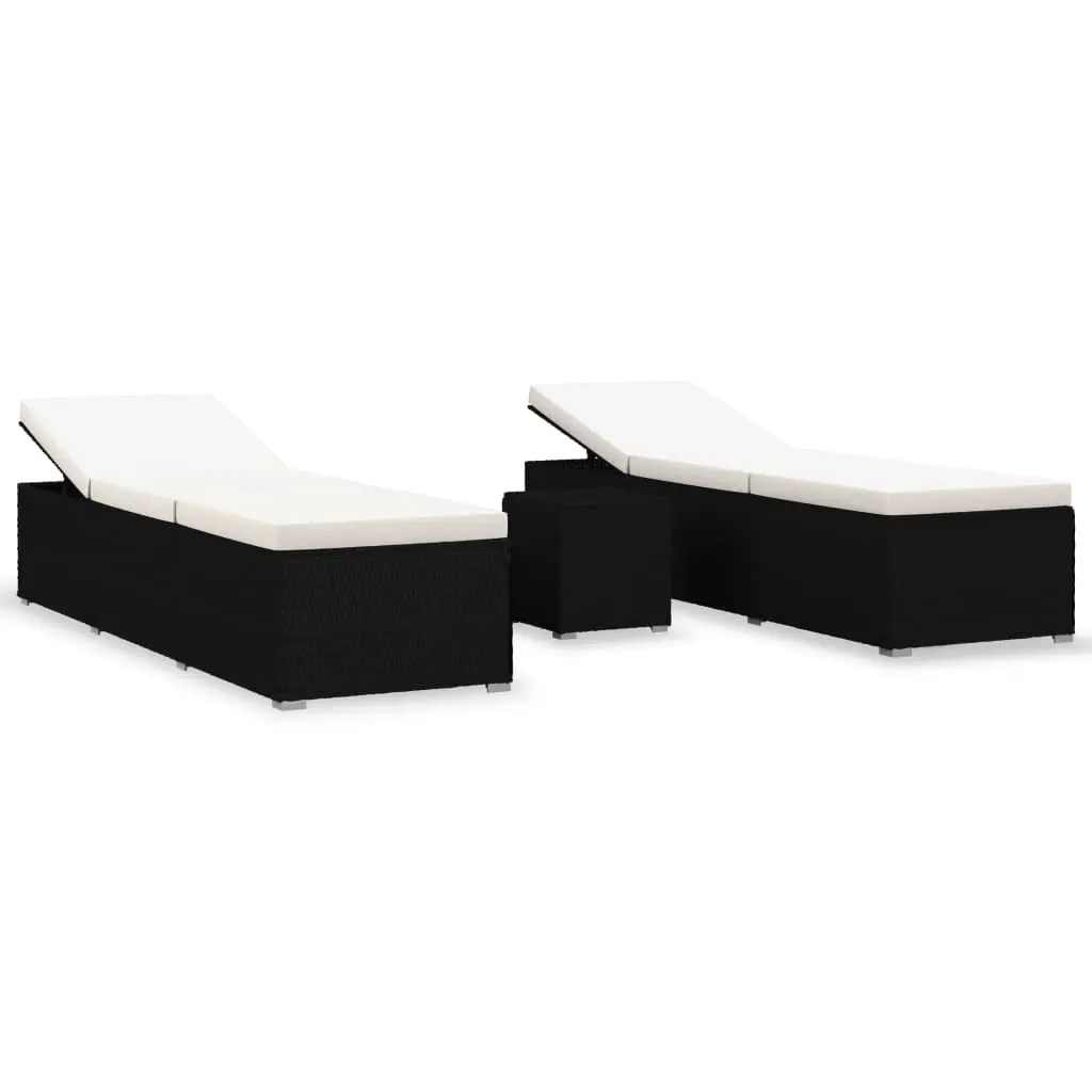 3 Piece Garden Sun Loungers with Tea Table Poly Rattan Black 3057662 - Furniture