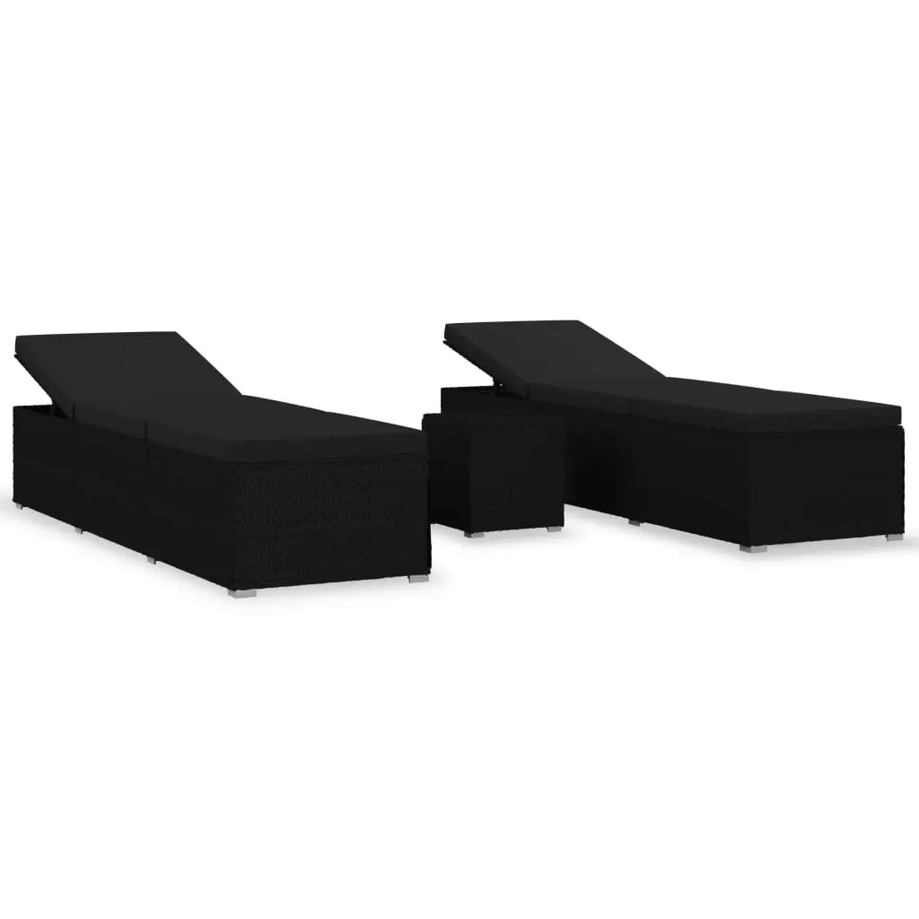 3 Piece Garden Sun Loungers with Tea Table Poly Rattan Black 3057666 - Furniture