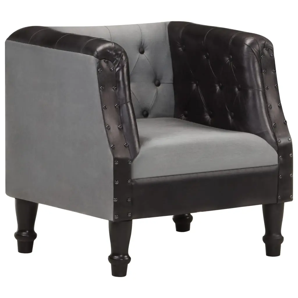 Tub Chair Black Real Leather and Solid Mango Wood 320606 - Furniture