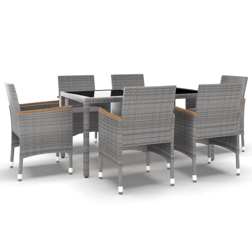 7 Piece Garden Dining Set Poly Rattan and Tempered Glass Grey 3058435 - Furniture