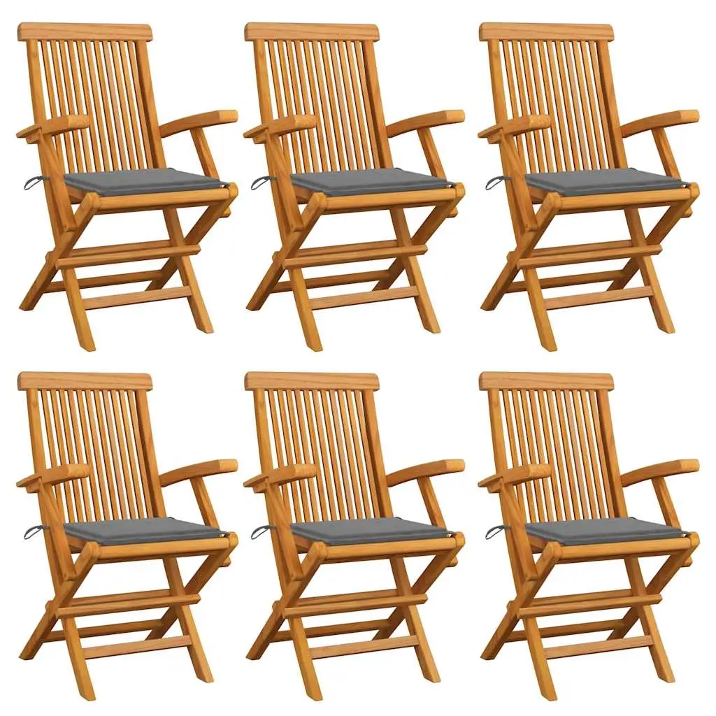 Garden Chairs with Grey Cushions 6 pcs Solid Teak Wood 3062542 - Furniture
