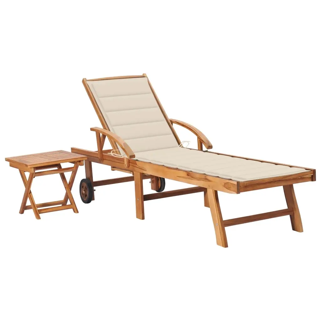 Sun Lounger with Table and Cushion Solid Teak Wood 3063023 - Furniture