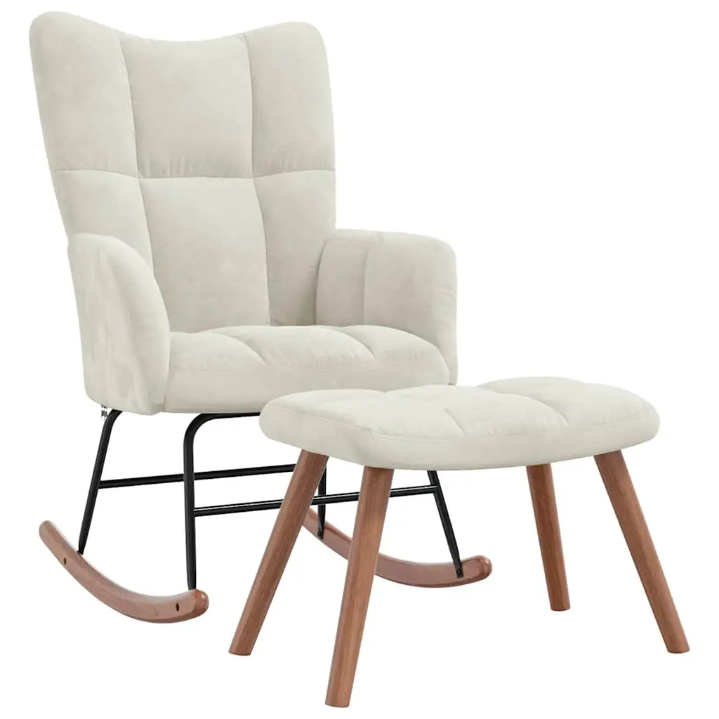 Rocking Chair with a Stool Cream White Velvet 328159 - Furniture