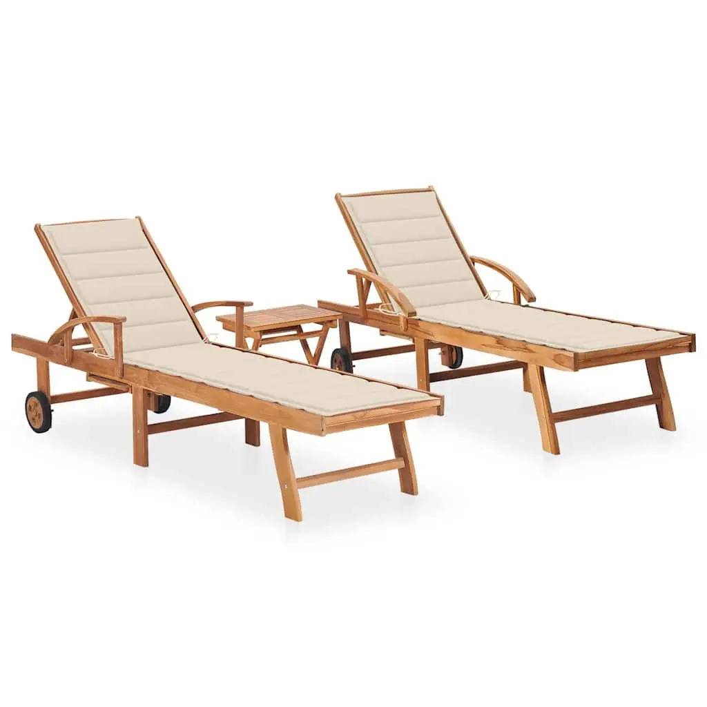 Sun Loungers 2 pcs with Table and Cushion Solid Teak Wood 3073173 - Furniture