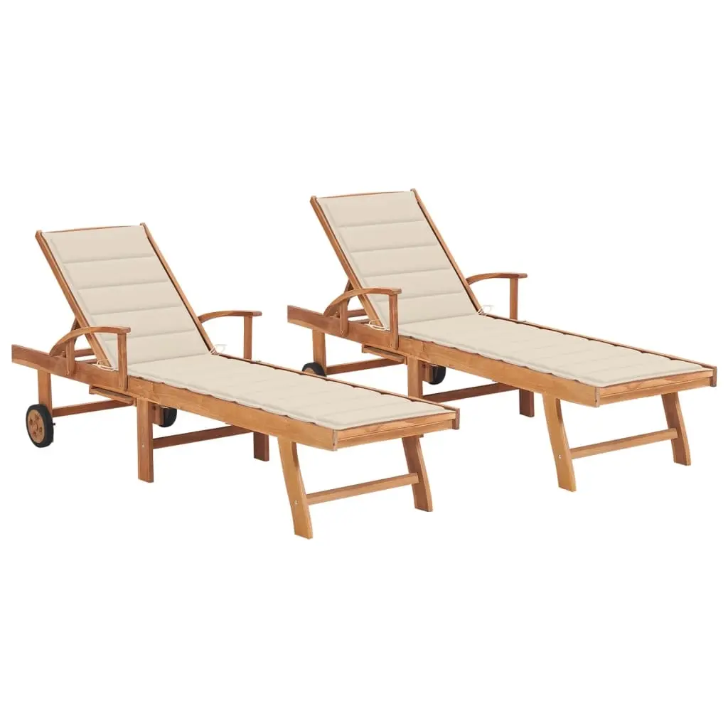 Sun Loungers 2 pcs with Cream Cushion Solid Teak Wood 3073188 - Furniture