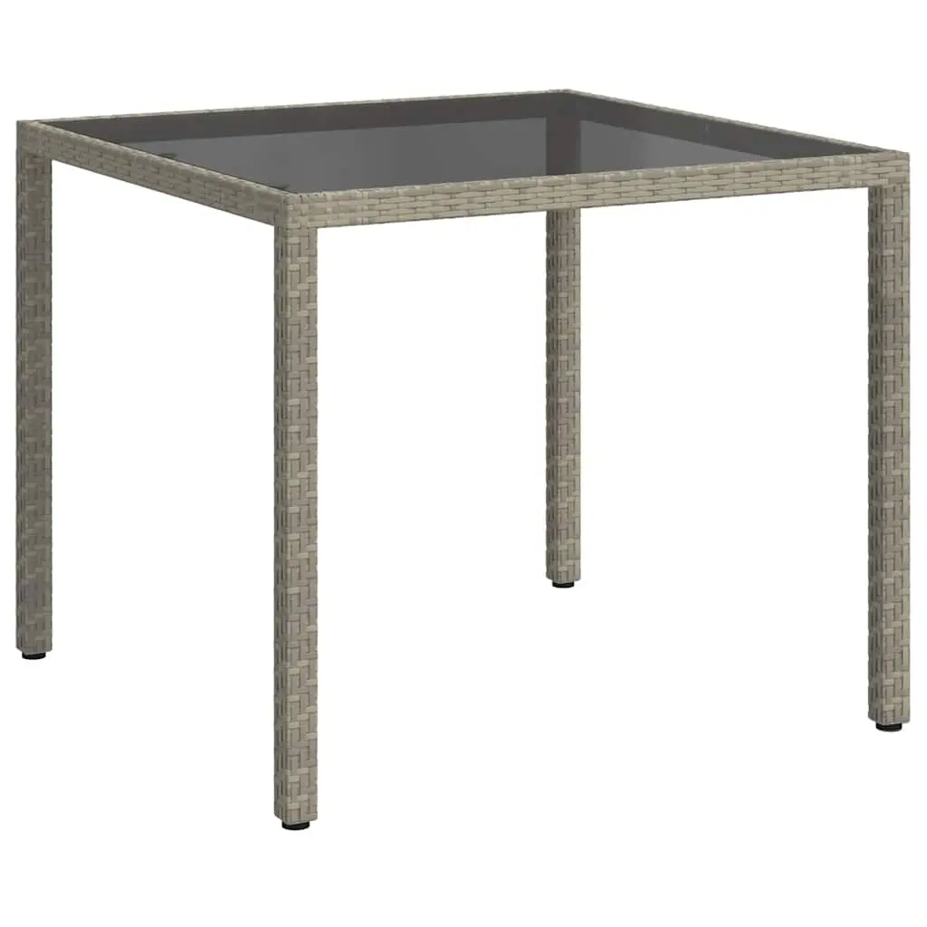 Garden Table 90x90x75 cm Tempered Glass and Poly Rattan Grey 316701 - Furniture