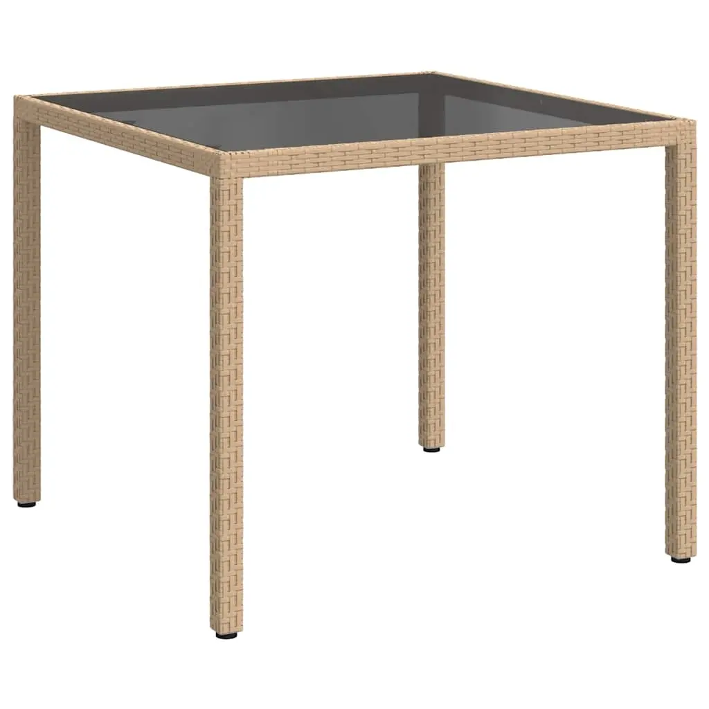 Garden Table 90x90x75 cm Tempered Glass and Poly Rattan Beige 316703 - Furniture