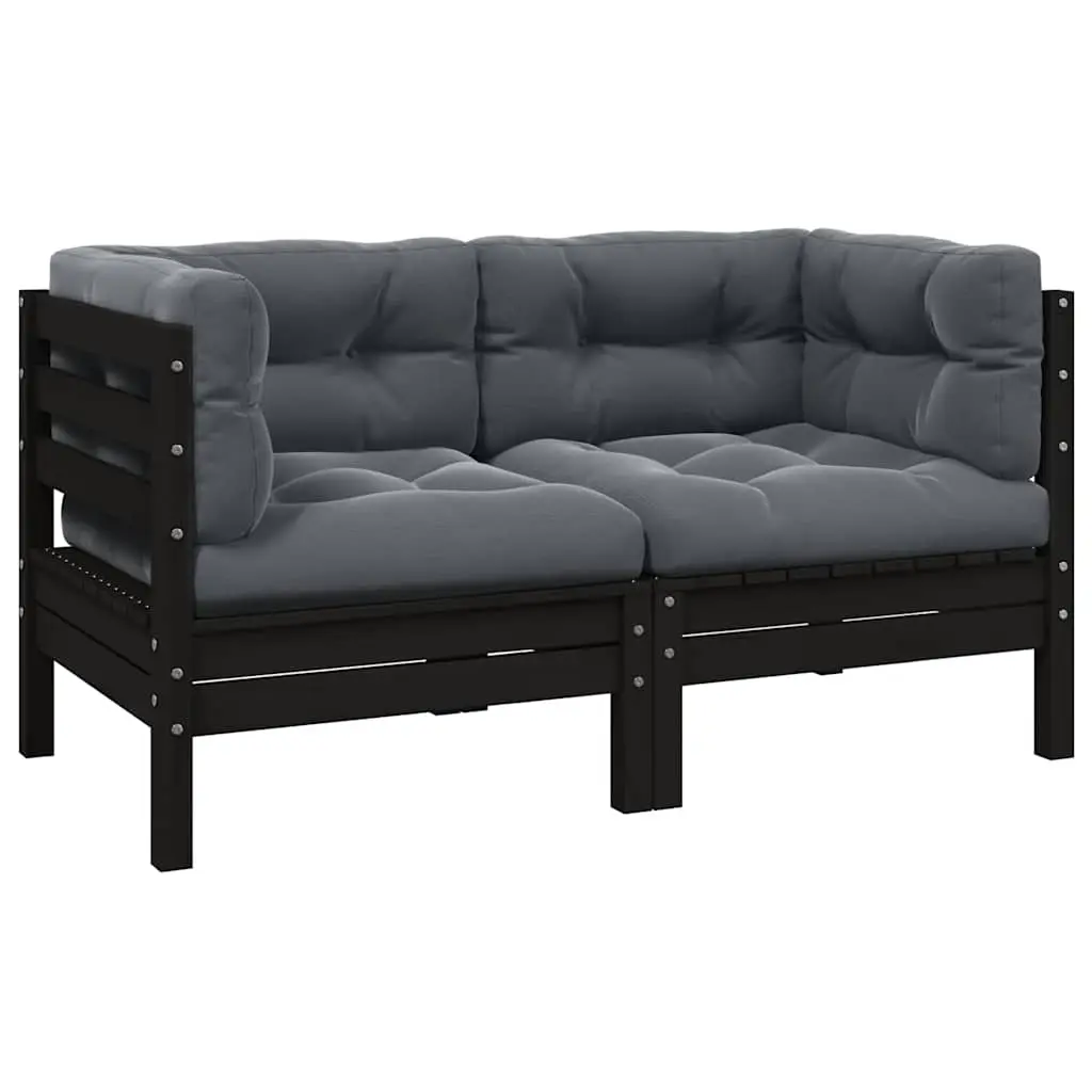 2-Seater Garden Sofa with Cushions Black Solid Pinewood 806650
