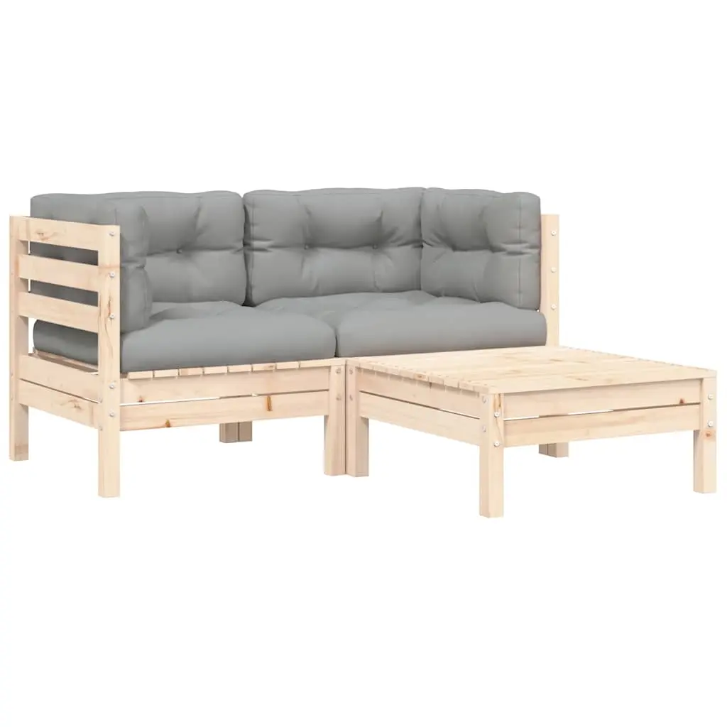 3 Piece Garden Lounge Set with Grey Cushions Solid Pinewood 806675 - Furniture