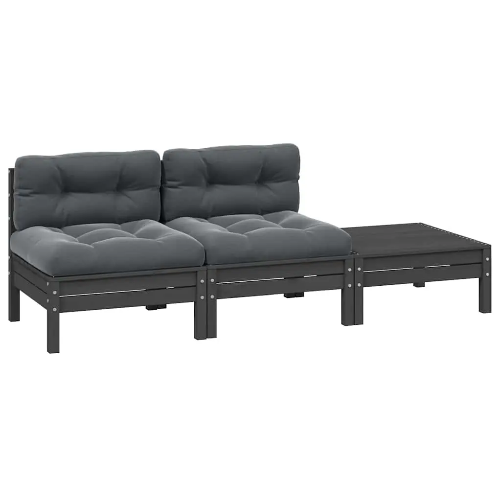 3 Piece Garden Lounge Set with Cushions Grey Solid Pinewood 806684 - Furniture