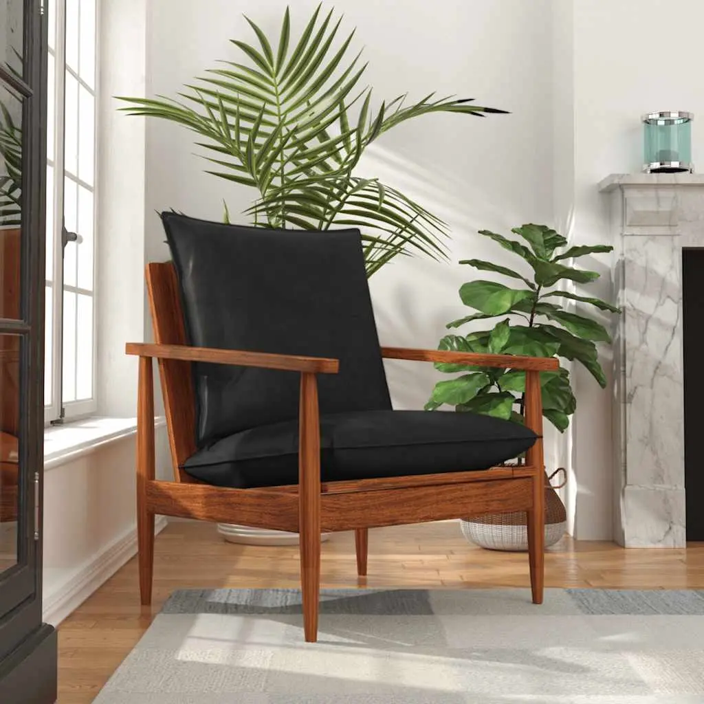 Armchair Black Real Leather and Solid Wood Acacia 340922 - Furniture