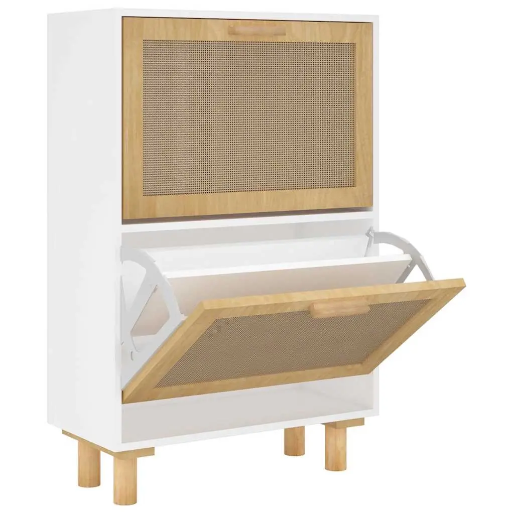 Shoe Cabinet White 52x25x80 cm Engineered Wood and Natural Rattan 345645 - Home & Garden