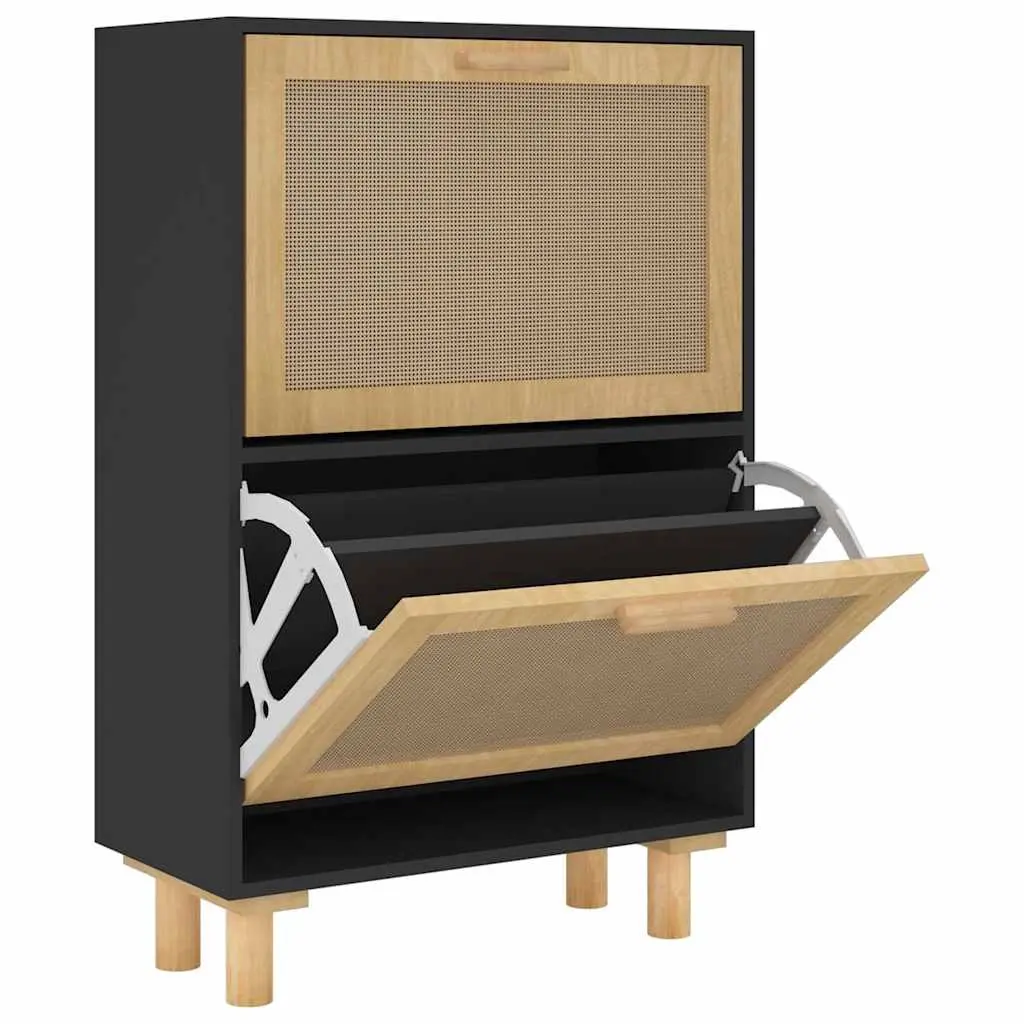 Shoe Cabinet Black 52x25x80 cm Engineered Wood and Natural Rattan 345646 - Home & Garden