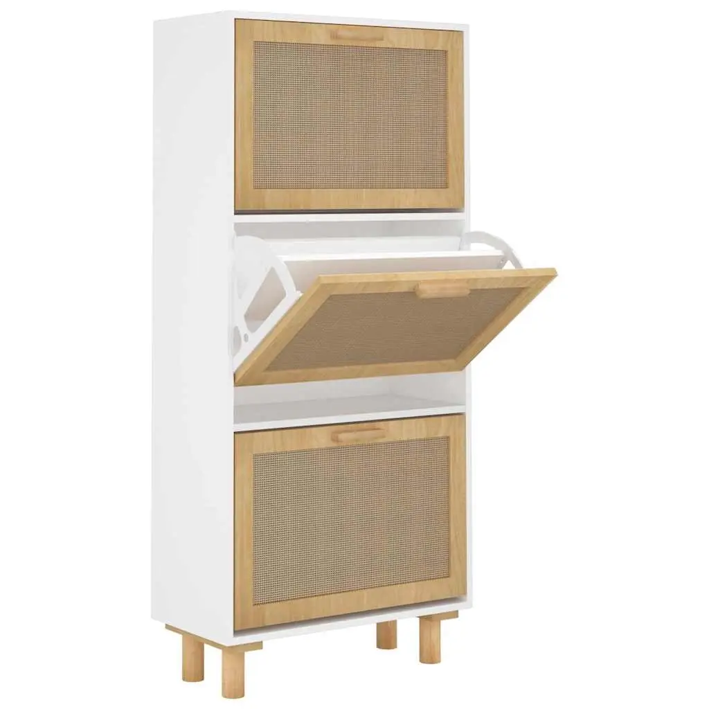 Shoe Cabinet White 52x25x115 cm Engineered Wood and Natural Rattan 345648 - Home & Garden