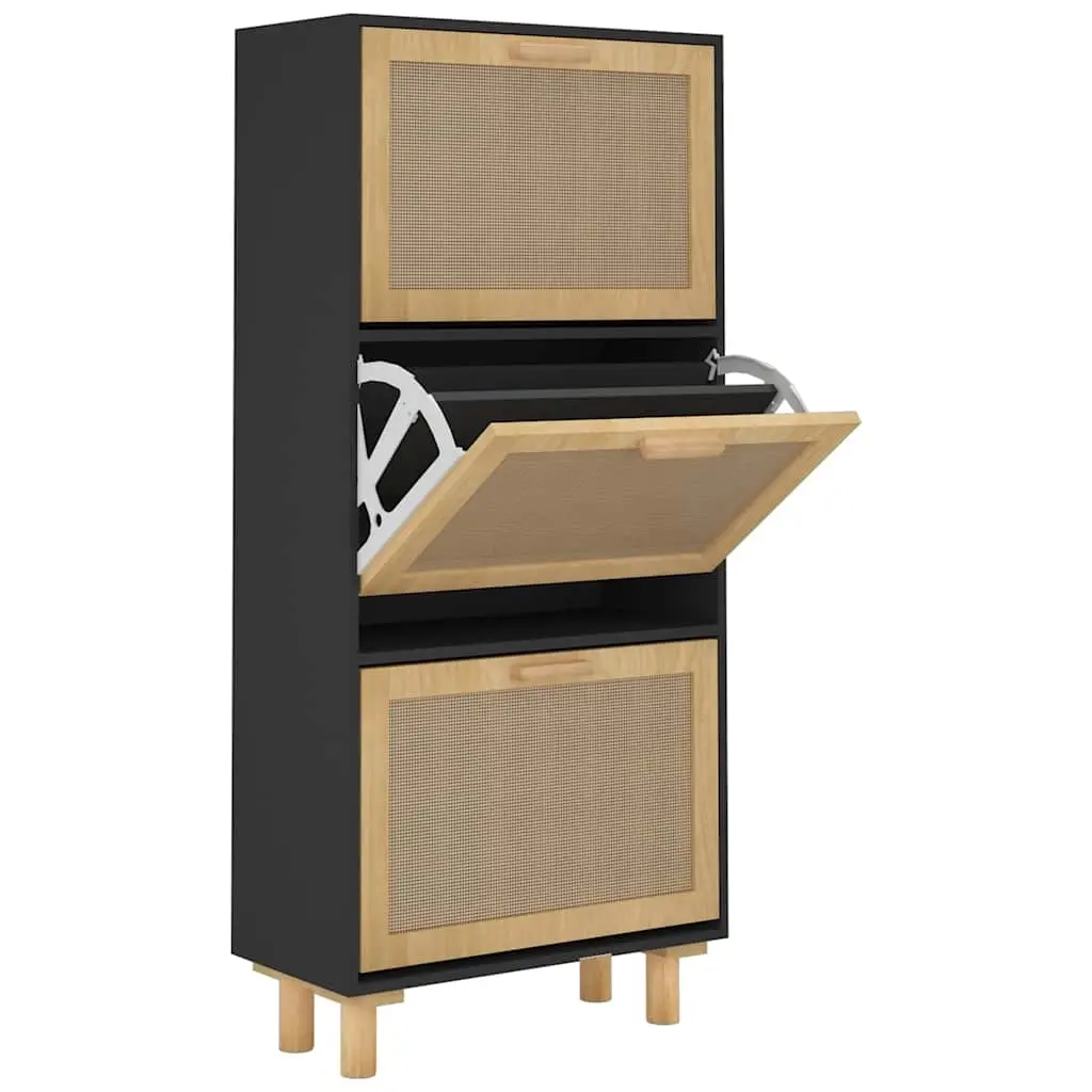 Shoe Cabinet Black 52x25x115 cm Engineered Wood and Natural Rattan 345649 - Home & Garden