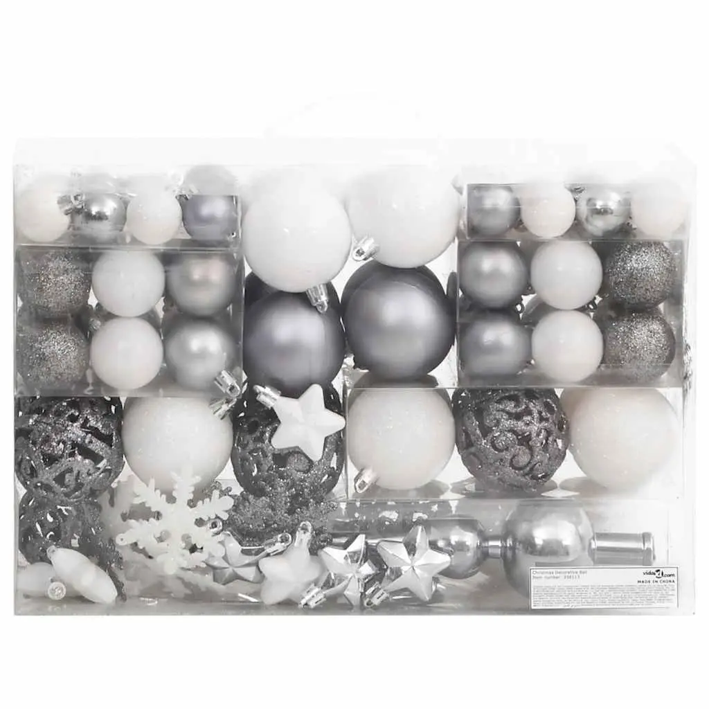 111 Piece Christmas Bauble Set White and Grey Polystyrene 356113 - Up to 60% Off Christmas Decoration Specials