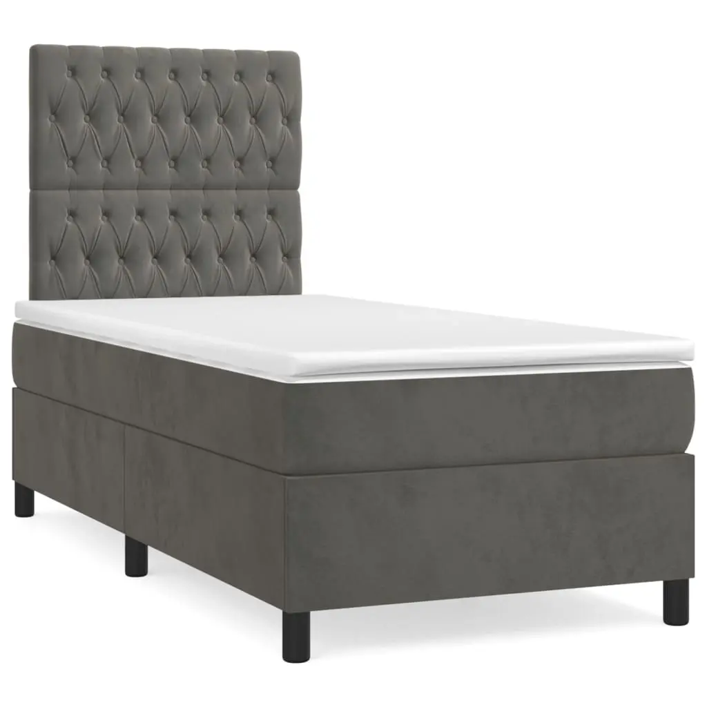 Box Spring Bed with Mattress Dark Grey 106x203 cm King Single Size Velvet 3145107 - Furniture