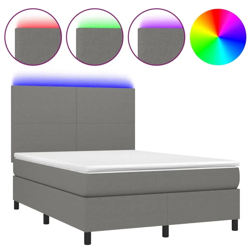 Box Spring Bed with Mattress&LED Dark Grey 137x187 cm Double Size Fabric 3145213 - Furniture