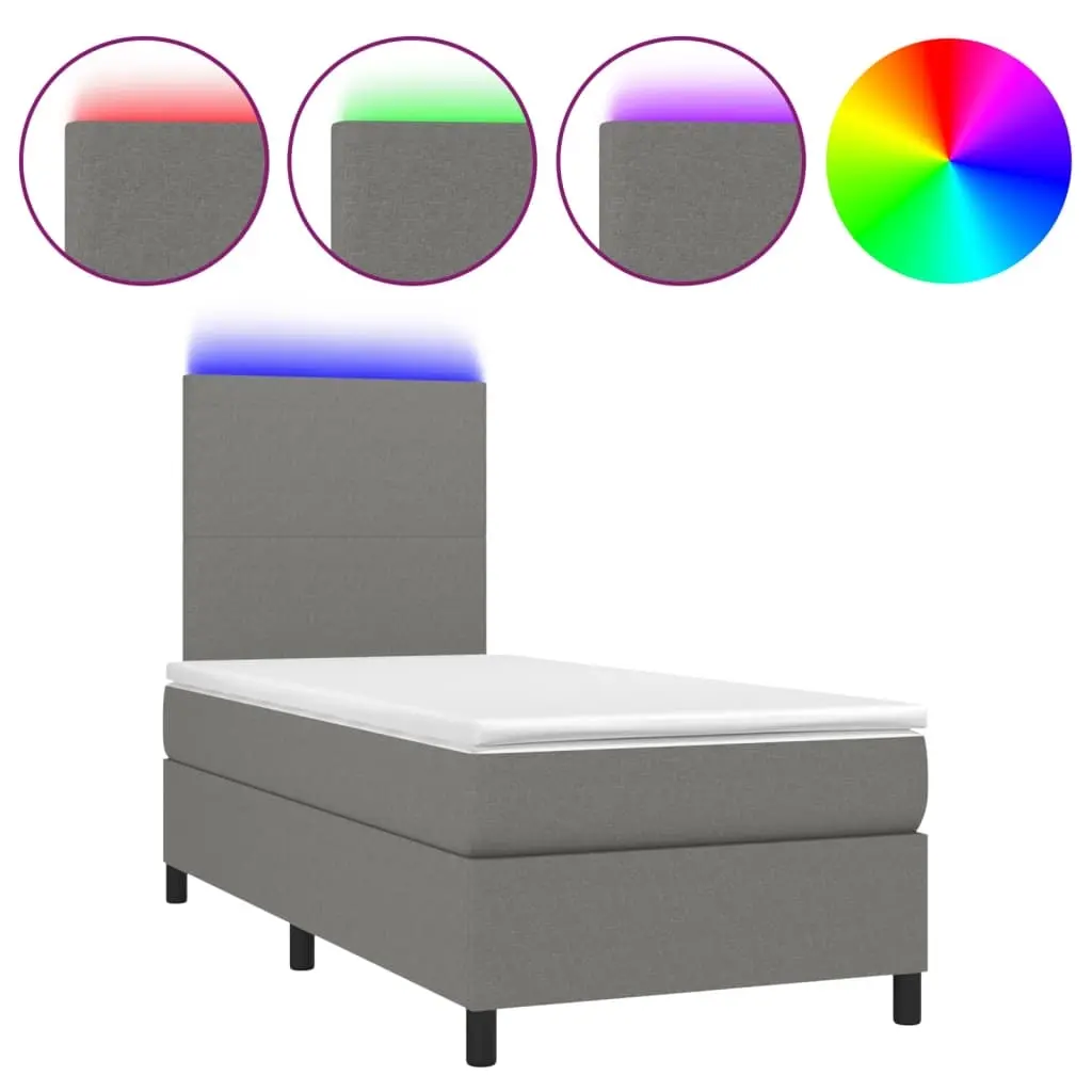 Box Spring Bed with Mattress&LED Dark Grey 106x203 cm King Single Size Fabric 3145215 - Furniture