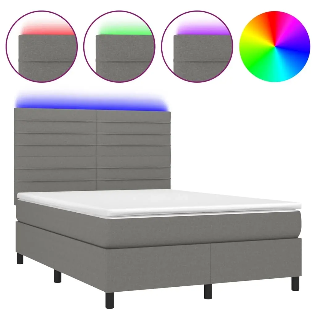 Box Spring Bed with Mattress&LED Dark Grey 137x187 cm Double Size Fabric 3145222 - Furniture