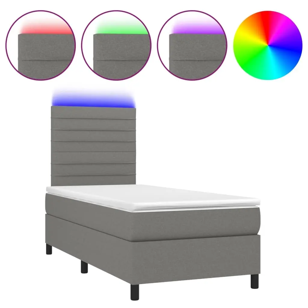 Box Spring Bed with Mattress&LED Dark Grey 106x203 cm King Single Size Fabric 3145224 - Furniture