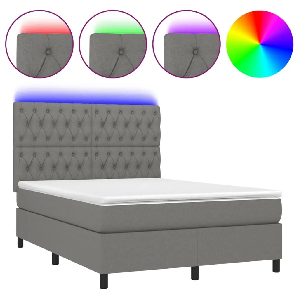 Box Spring Bed with Mattress&LED Dark Grey 137x187 cm Double Size Fabric 3145228 - Furniture