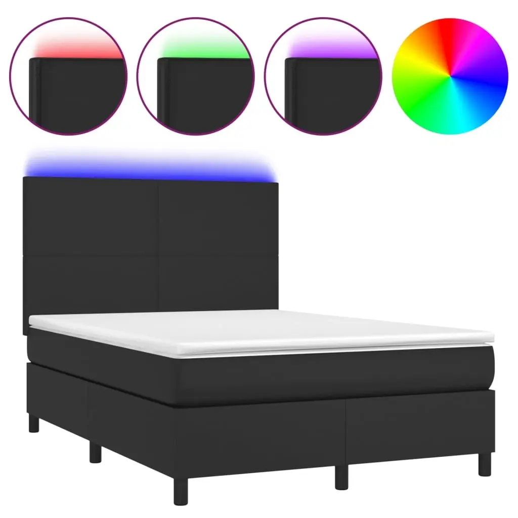 Box Spring Bed with Mattress&LED Black 137x187 cm Double Size Faux Leather 3145234 - Furniture