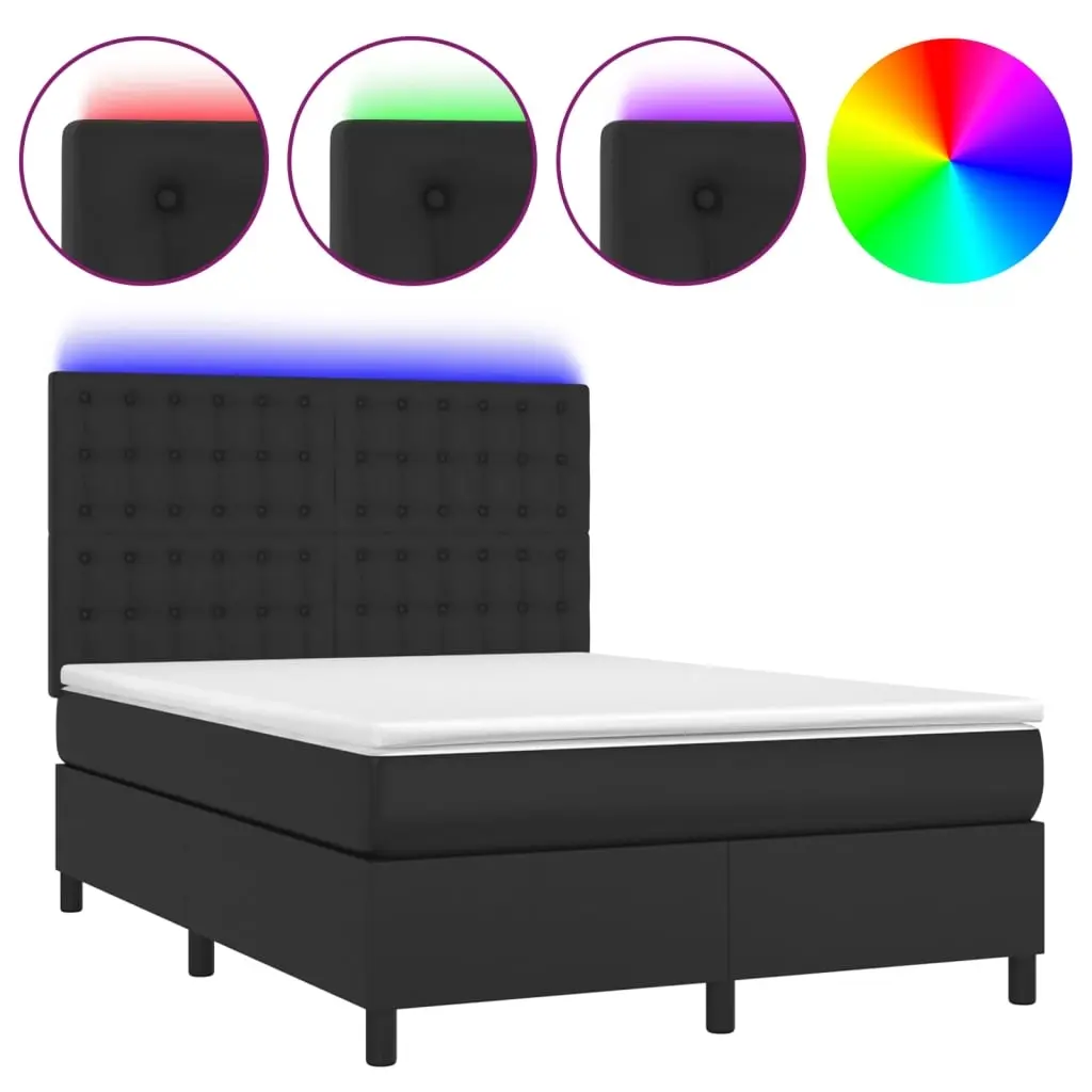 Box Spring Bed with Mattress&LED Black 137x187 cm Double Size Faux Leather 3145240 - Furniture