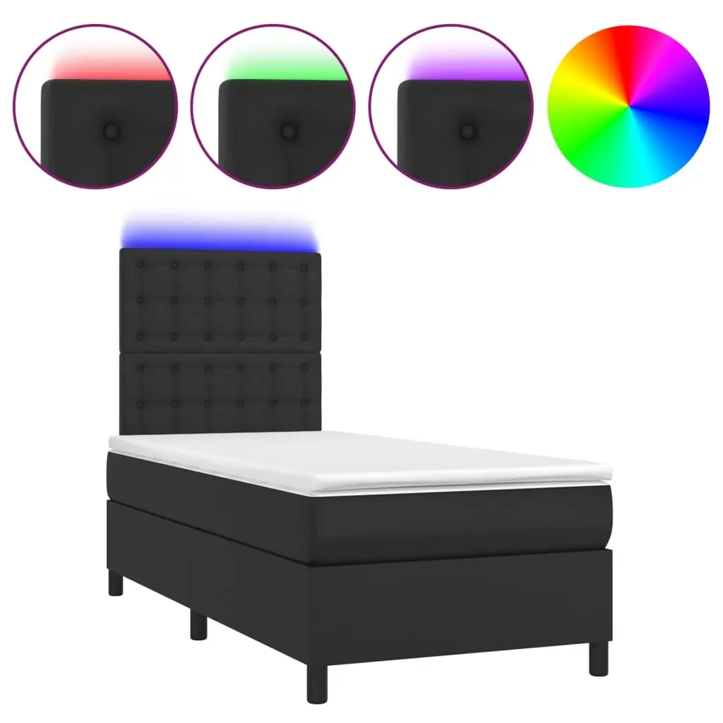 Box Spring Bed with Mattress&LED Black 106x203 cm King Single Size Faux Leather 3145242 - Furniture