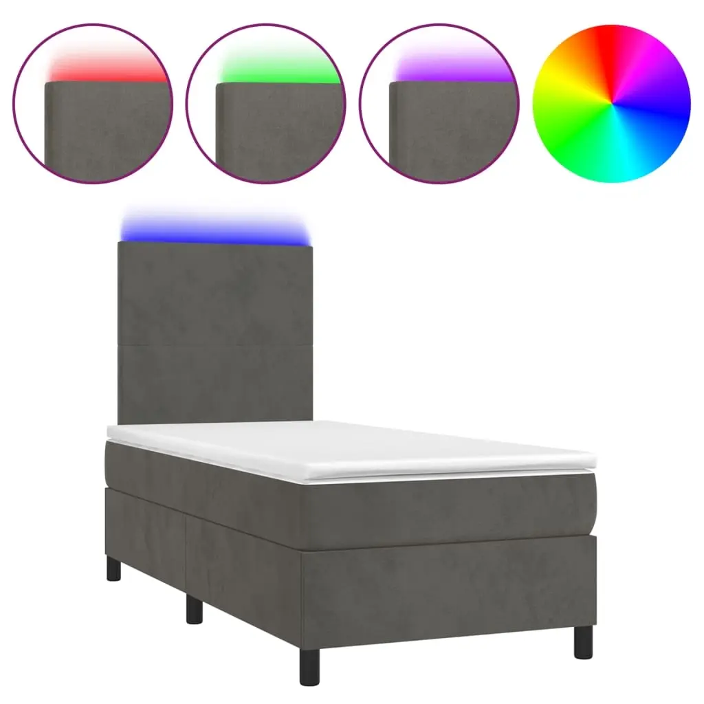 Box Spring Bed with Mattress&LED Dark Grey 106x203 cm King Single Size Velvet 3145245 - Furniture